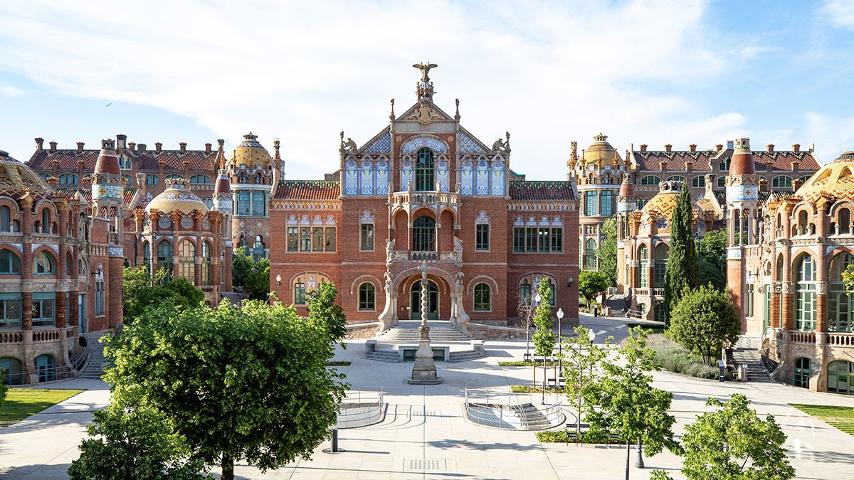 The front facade of the Sant Pau Recinte Modernista in Barcelona.